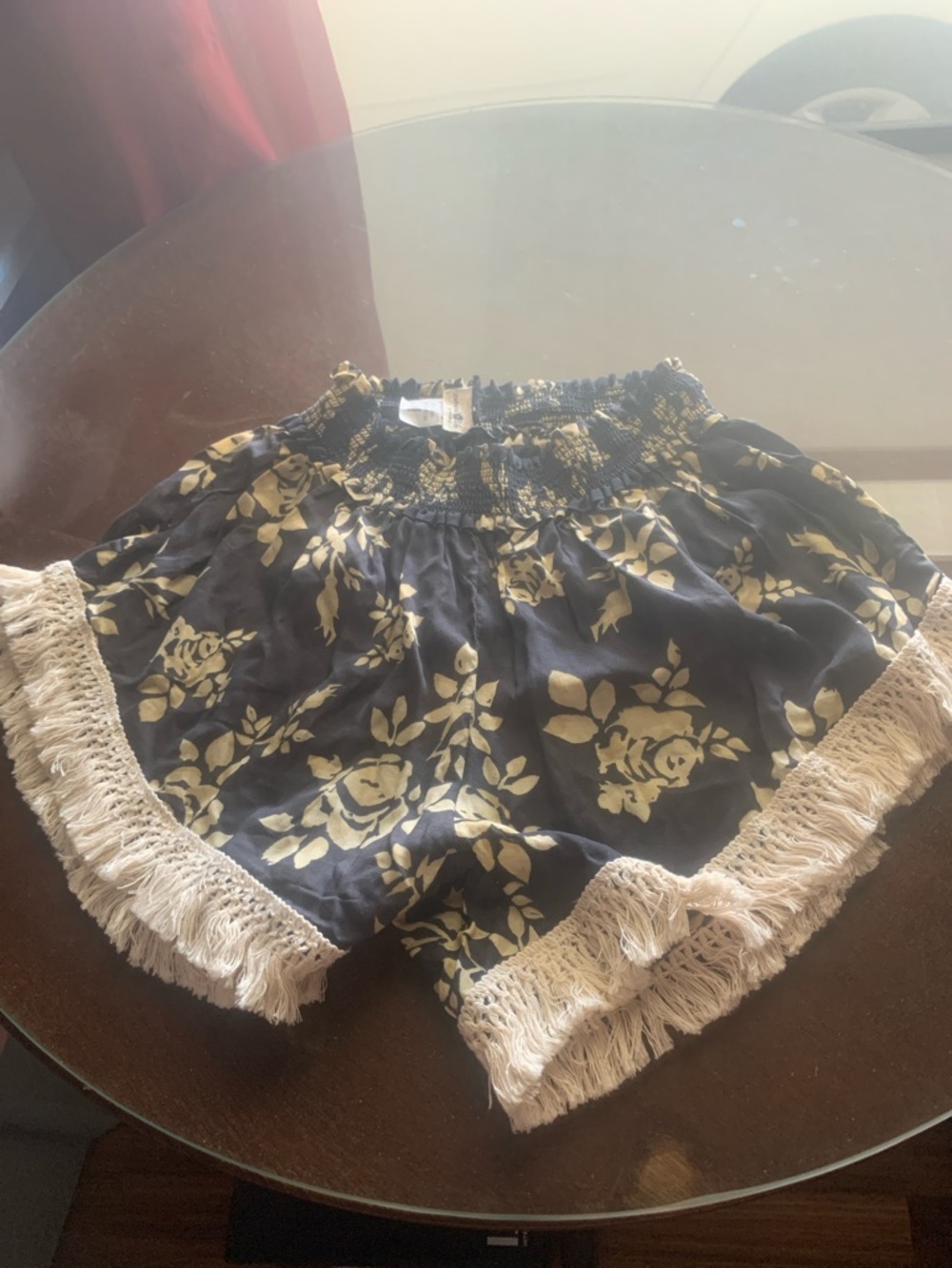 NATURAL LIFE Navy Floral Fringe Hem High-Waist Shorts